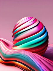 Abstract 3D illustration of a colorful twisted sphere with flowing lines on a pink background