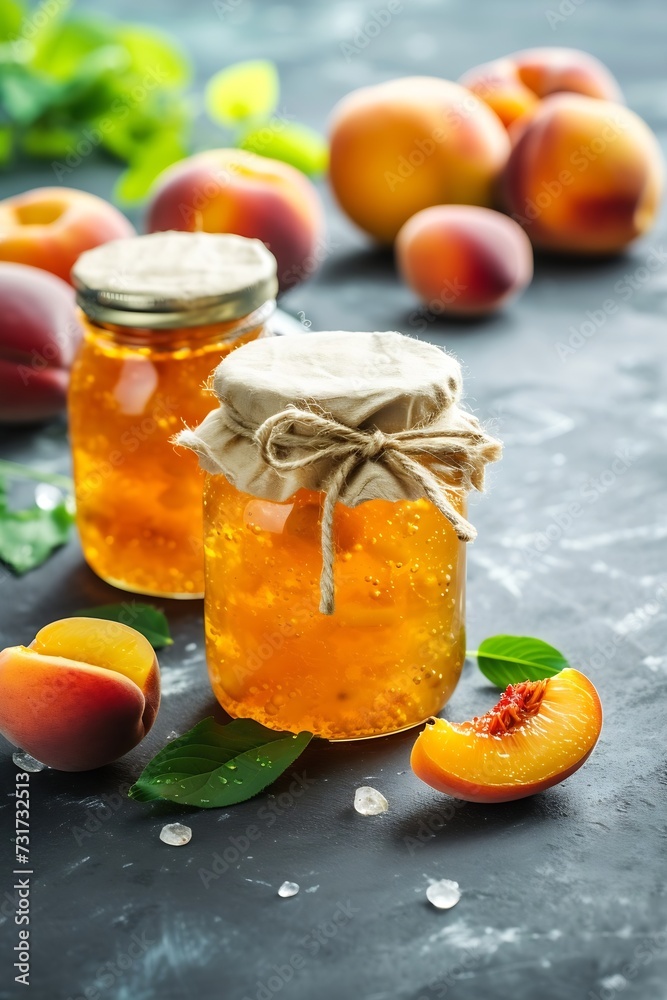Poster two jars with peach jam and fresh fruits on stone background. : generative ai