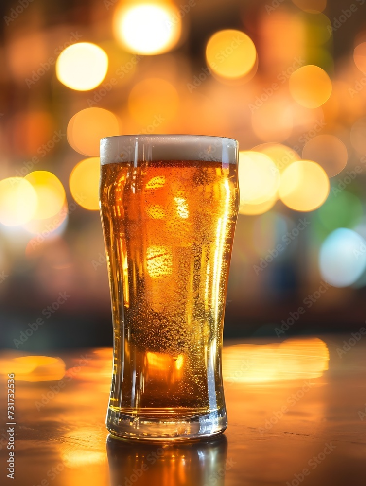 Poster glass of chilled beer on table and blurred sparkling bar background. : generative ai
