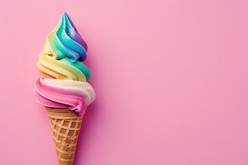Colorful ice cream in waffle cone on pink background