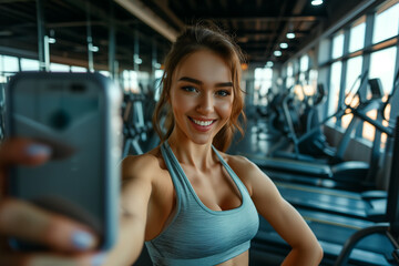 Happy young woman selfie after sport workout in gym. Exercise, healthy and lifestyle concept