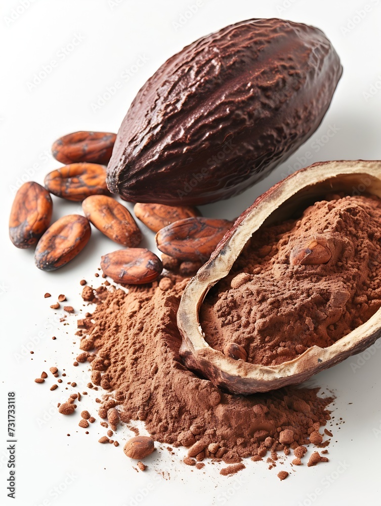 Poster Cocoa ingredients with cocoa beans, fresh cocoa pod and cocoa mass isolated on white background. : Generative AI