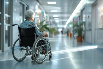 Fototapeta na wymiar Disabled senior woman sitting in wheelchair in hospital