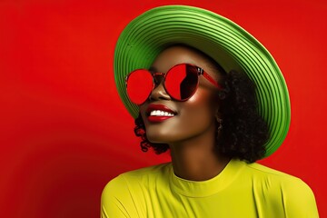 Happy smiling African woman wearing red sunglasses, red sunhat and yellow fluorescent t-shirt with red background, cheerful fashionista portrait, positive vibe, Generative Ai - Powered by Adobe