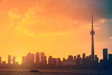 Fototapeta na wymiar Skyline of Toronto at sunset with silhouettes of buildings against the orange sky. Canada.