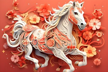A paper cutout of a horse with flowers on the top.