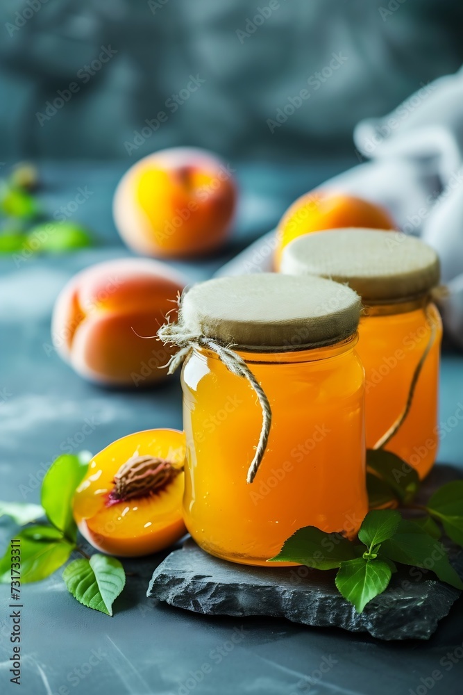 Poster two jars with peach jam and fresh fruits on stone background. : generative ai