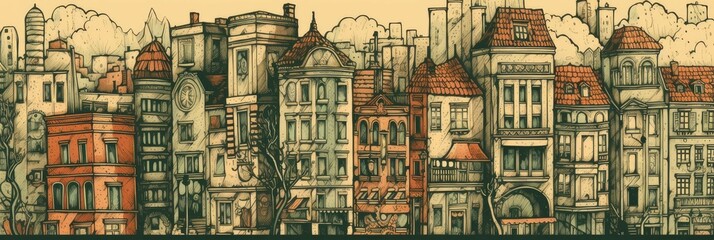 Obraz premium AI generated panoramic digital art of a cityscape featuring tall brown buildings.