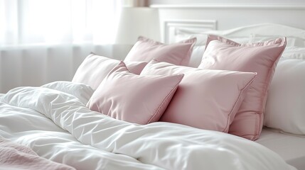 a bed with white sheets and pink pillows 