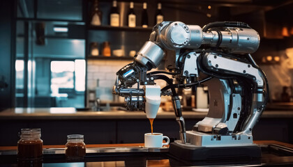 Fototapeta premium Robot arm serving hot coffee latte in a coffee shop
