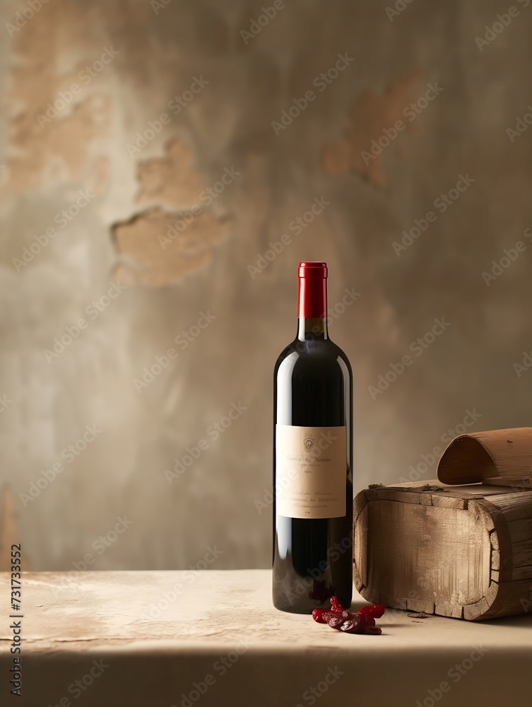Poster bottle of red wine with a composition of old wood. minimalistic composition on a beige background fo