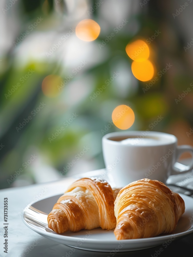 Poster breakfast view a bunch of croissant and a cup of coffee with cafe vibe background. : generative ai