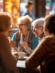 Coffee shop, funny and senior women talking, laughing and having friends reunion, retirement chat or social group. Restaurant, tea and elderly people in happy conversation for pension  : Generative AI