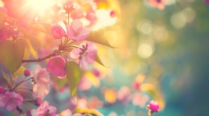 Spring blossom background. Beautiful nature scene with blooming tree and sun flare. Sunny day. Spring flowers. Beautiful Orchard. Abstract blurred background. Springtime : Generative AI