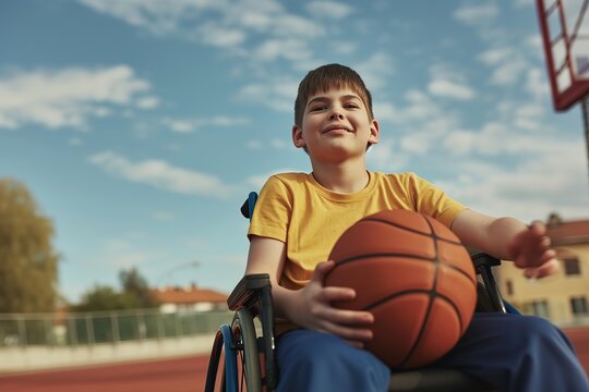 Disabled little boy sitting in wheelchair with ball on playground