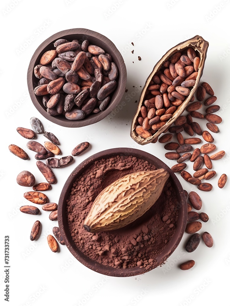 Poster Cocoa ingredients with cocoa beans, fresh cocoa pod and cocoa mass isolated on white background. : Generative AI