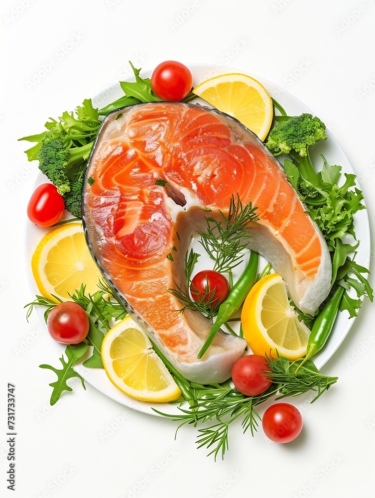 Wall mural roasted salmon steak and vegetables isolated on white background, top view : Generative AI