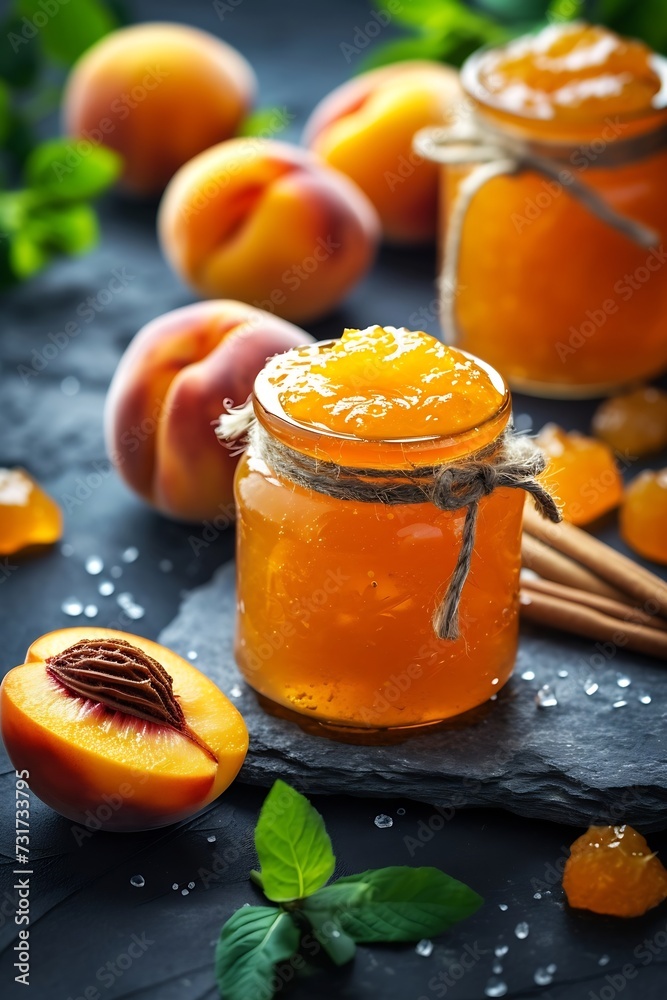 Poster two jars with peach jam and fresh fruits on stone background. : generative ai