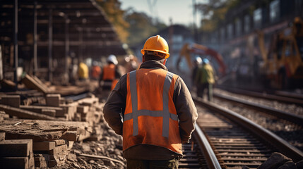 Professional builder working on a construction site, seen up close and from behind.