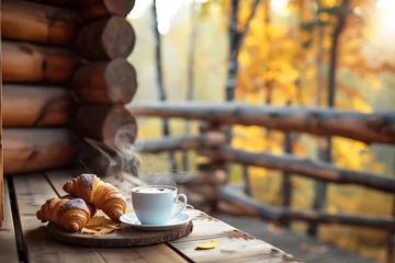 Schilderijen op glas spring breakfast with hot tea and croissants on a cozy wooden balcony of a log cabin. Fall atmosphere. Slow living concept. : Generative AI © Generative AI