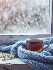 Obraz na płótnie Canvas A cup of hot tea warmed in the knitted scarf is on the windowsill against the winter window : Generative AI