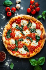 Neapolitan pizza with spices, tomatoes and cheese mozzarella on dark background. Pizza Margherita with mozzarella, tomato sauce, spinach on a thick dough. Top view. : Generative AI