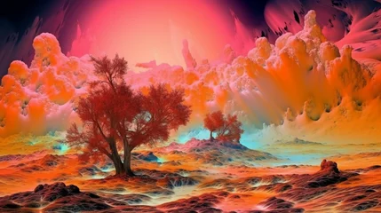 Deurstickers an orange landscape with a tree surrounded by orange clouds and water © Wirestock