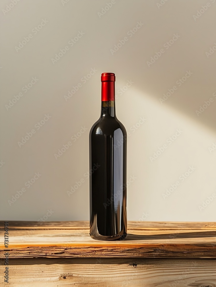 Aufkleber bottle of red wine with a composition of old wood. minimalistic composition on a beige background fo