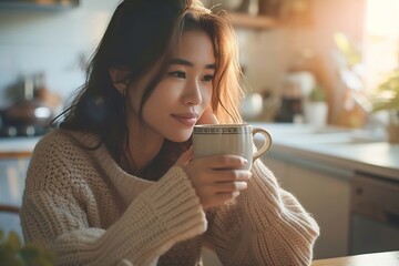 Young beautiful asian woman in cozy sweater sitting with cup of tea at table on kitchen at home : Generative AI