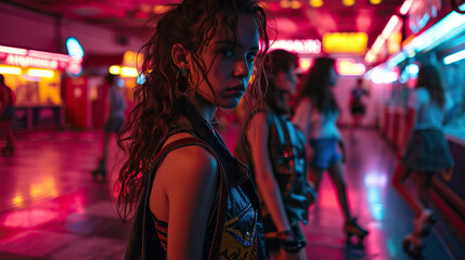 Neon Nostalgia: A Group of Friends Decked Out in 80s Fashion, Gliding Across the Floor on Roller Skates in a Neon-Lit Retro Arcade, Recreating the Vibrant Energy and Timeless Fun of an Era Gone By