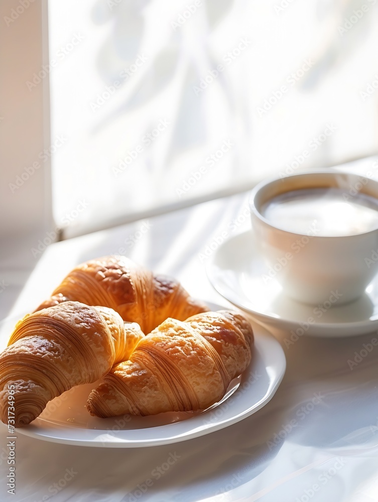 Poster breakfast view a bunch of croissant and a cup of coffee with cafe vibe background. : generative ai