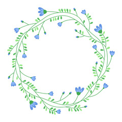 Floral round frame with blue flowers and small green leaves. Cute spring wreath. Meadow flowers. Spring and summer plants. Botanical decor for design, card. Design for 8 march, easter. 