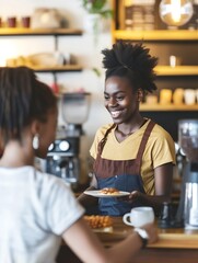 Happy woman, barista and serving customer at cafe for service, payment or order on counter at coffee shop. African person, waitress or employee in small business restaurant helping cli : Generative AI