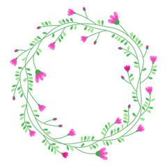 Floral round frame with pink flowers and small green leaves. Cute spring wreath. Meadow flowers. Spring and summer plants. Botanical decor for design, card. Design for 8 march, easter. 