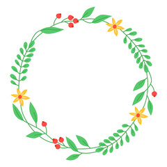 Floral round frame with yellow flowers, green leaves and red berries. Cute spring wreath. Meadow flowers, wild plants. Botanical decor for design, card. Design for 8 march, easter. 
