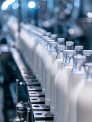 Milk factory. Robotic factory line for processing and bottling of milk. Selective focus. : Generative AI