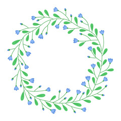 Floral round frame with small blue flowers and green leaves. Cute spring wreath. Meadow flowers. Spring and summer plants. Botanical decor for design, card. Design for 8 march, easter. 