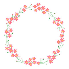 Obraz na płótnie Canvas Floral round frame with many small pink flowers. Pink peach flowers. Sakura flowers. Cute spring wreath. Botanical decor for design, card. Design for 8 march, easter. Meadow flowers.