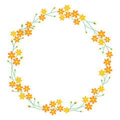 Floral round frame with many small yellow flowers. Yellow apricot flowers. Cute spring wreath. Botanical decor for design, card. Design for 8 march, easter. 
Meadow flowers.