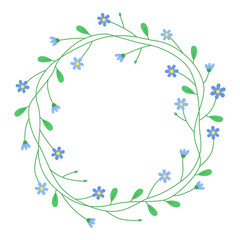 Floral round frame with small blue flowers. Cute spring wreath. Meadow flowers. Spring and summer plants. Botanical decor for design, card. Design for 8 march, easter. 