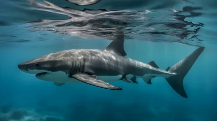 Fotobehang AI-generated illustration of a great white shark depicted in mid-swim. © Wirestock