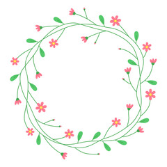 Floral round frame with small pink flowers. Cute spring wreath. Meadow flowers. Spring and summer plants. Botanical decor for design, card. Design for 8 march, easter. 