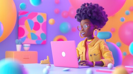 Obraz na płótnie Canvas a colorful illustration of 3d character sitting on the laptop. cartoon, soft pop style
