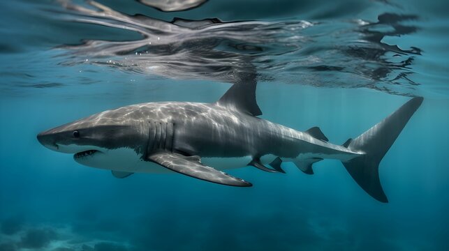 AI-generated illustration of a great white shark depicted in mid-swim.