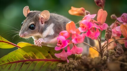 AI generated illustration of a small dormouse surrounded by vibrant pink flowers and leaves