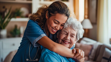 Caring Embrace: Healthcare Worker Giving a Comforting Hug to a Happy Elderly Woman
