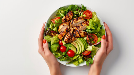 Grilled Chicken Salad with Avocado and Fresh Greens on a White Background
