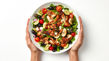 Mediterranean Grilled Chicken and Vegetable Salad Held in Hands on White Background
