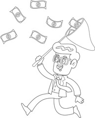 Outlined Happy Businessman Cartoon Character Chasing Flying Money With A Net. Vector Hand Drawn Illustration Isolated On Transparent Background