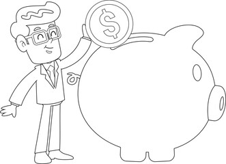 Outlined Businessman Cartoon Character Putting Coin In Piggy Bank. Vector Hand Drawn Illustration Isolated On Transparent Background